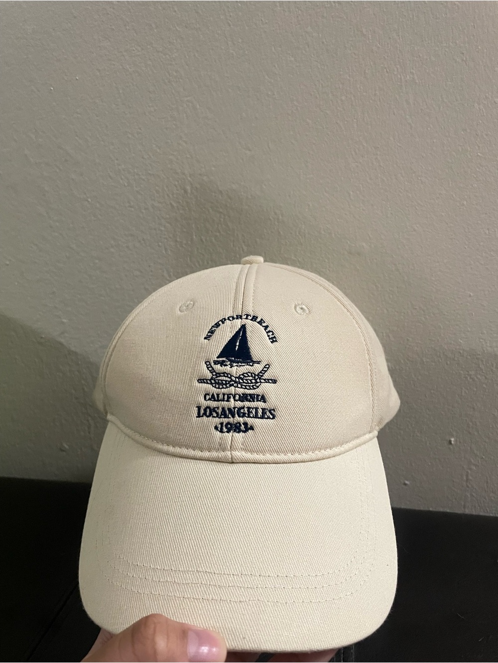 Zara Cream Baseball Cap with Navy Sailboat Embroidery